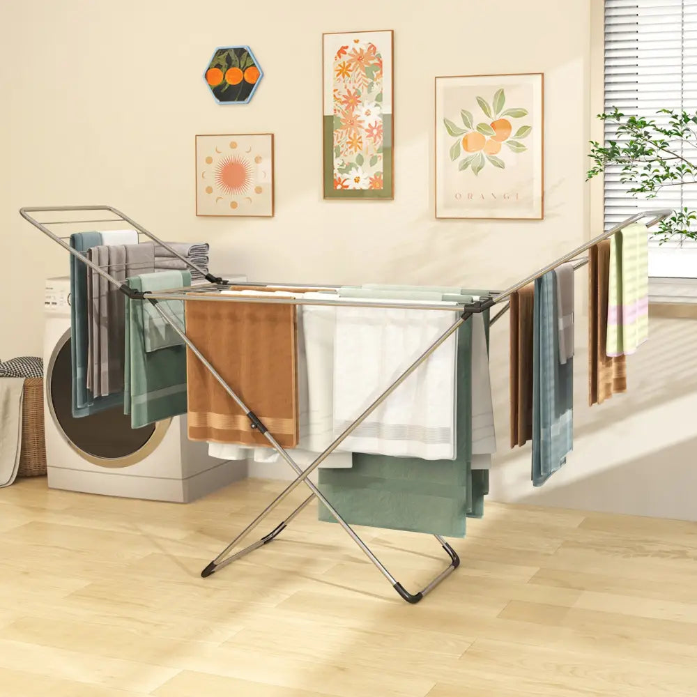 Folding Clothes Drying Rack with Adjustable Wings for Indoor and Outdoor Use - Silver - Drying Racks