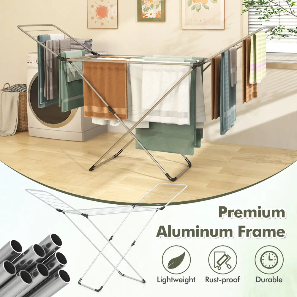 Folding Clothes Drying Rack with Adjustable Wings for Indoor and Outdoor Use - Silver - Drying Racks