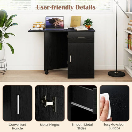 Folding Computer Desk with Drawer Mobile Home Office Desk with Cabinet-Black - Black - Computer Desks