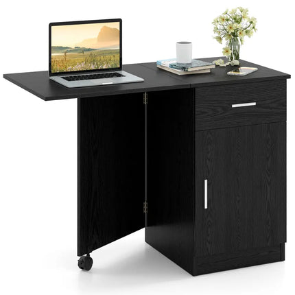 Folding Computer Desk with Drawer Mobile Home Office Desk with Cabinet-Black - Black - Computer Desks