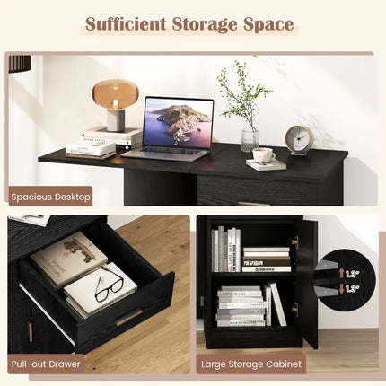 Folding Computer Desk with Drawer Mobile Home Office Desk with Cabinet-Black - Black - Computer Desks
