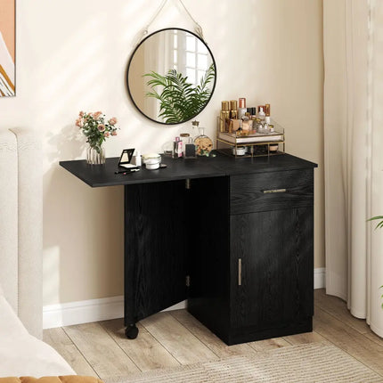 Folding Computer Desk with Drawer Mobile Home Office Desk with Cabinet-Black - Black - Computer Desks