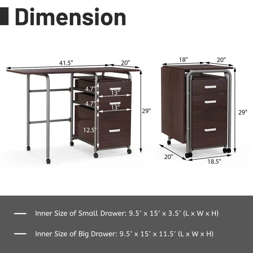 Folding Computer Laptop Desk Wheeled Home Office Furniture-Brown - Brown - Writing Desks