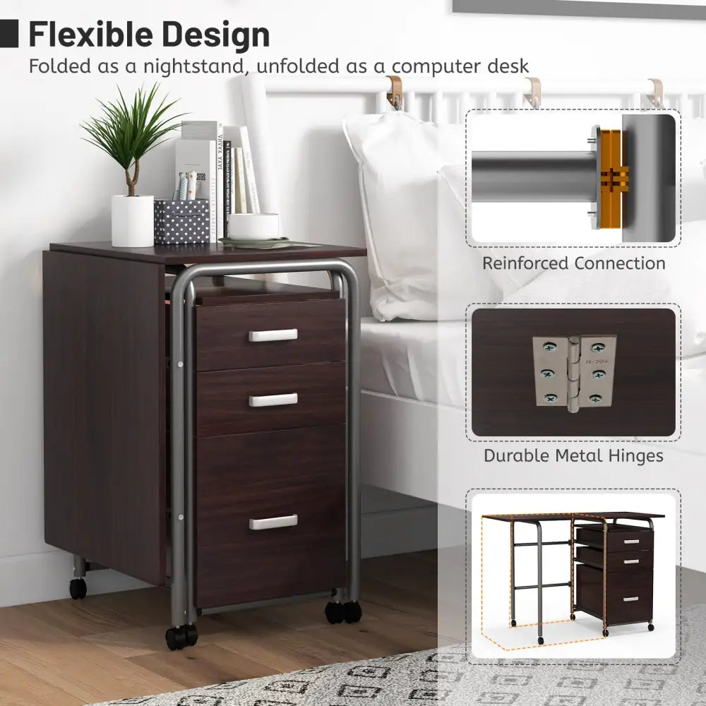 Folding Computer Laptop Desk Wheeled Home Office Furniture-Brown - Brown - Writing Desks