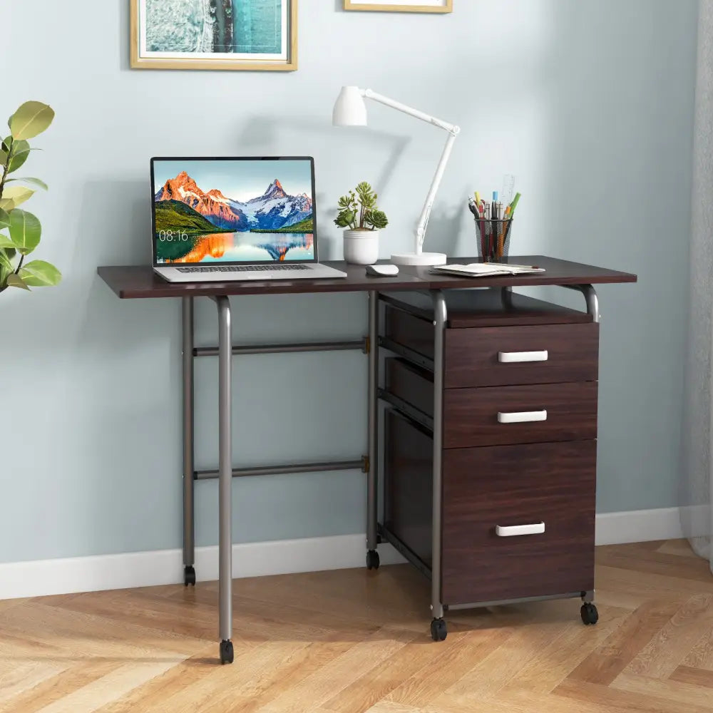 Folding Computer Laptop Desk Wheeled Home Office Furniture-Brown - Brown - Writing Desks