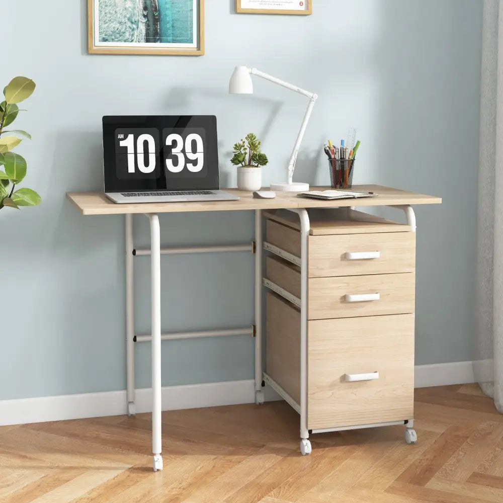 Folding Computer Laptop Desk Wheeled Home Office Furniture-Natural - Natural - Writing Desks