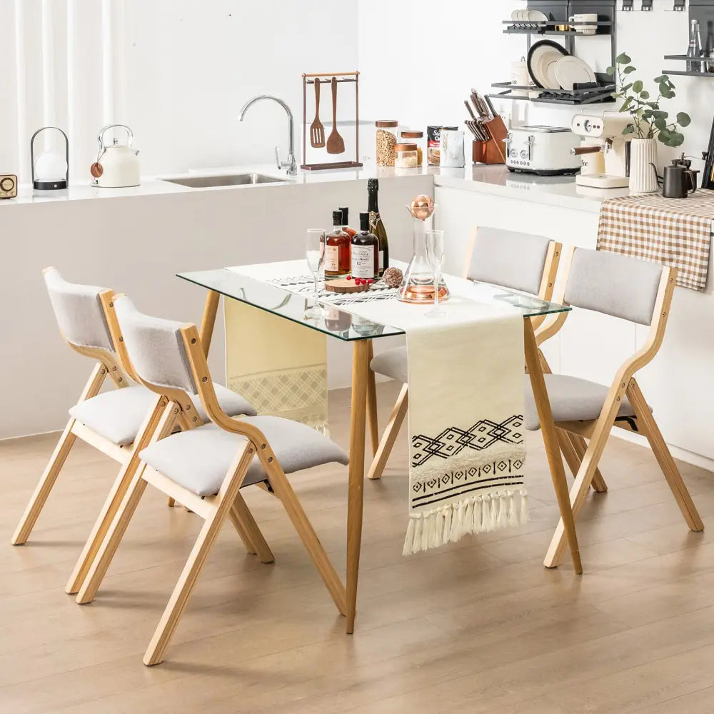 Folding Dining Chair Set of 4 Wooden Upholstered Dining Chairs with Solid Wood Frame - Dining Chairs