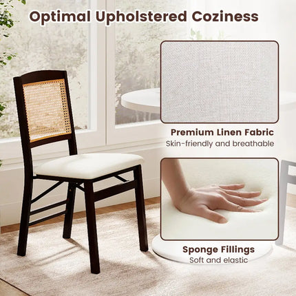 Folding Dining Chairs Set of 2 Rubber Wood Chairs with Linen Padded Seat-Coffee - Coffee - Dining Chairs