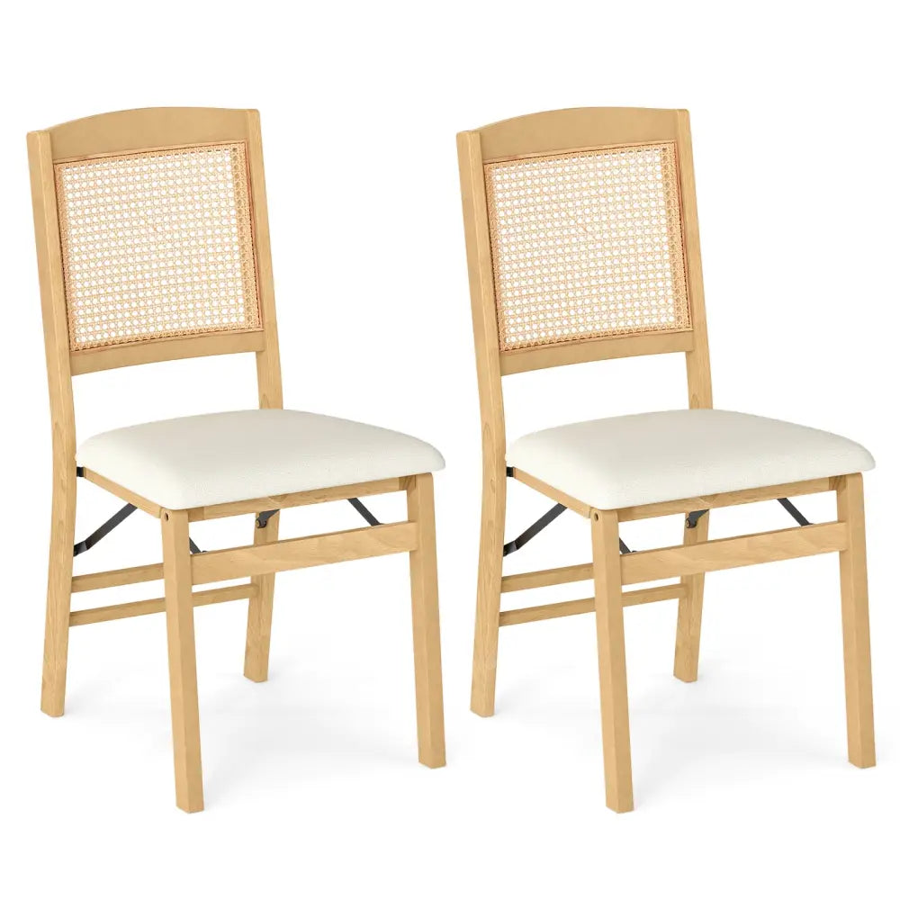 Folding Dining Chairs Set of 2 Rubber Wood Chairs with Linen Padded Seat-Natural - Natural - Dining Chairs
