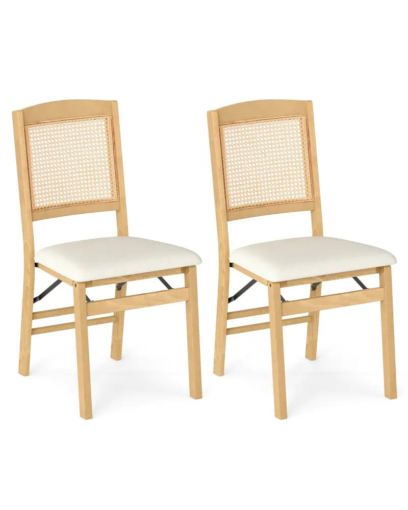Folding Dining Chairs Set of 2 Rubber Wood Chairs with Linen Padded Seat-Natural - Natural - Dining Chairs