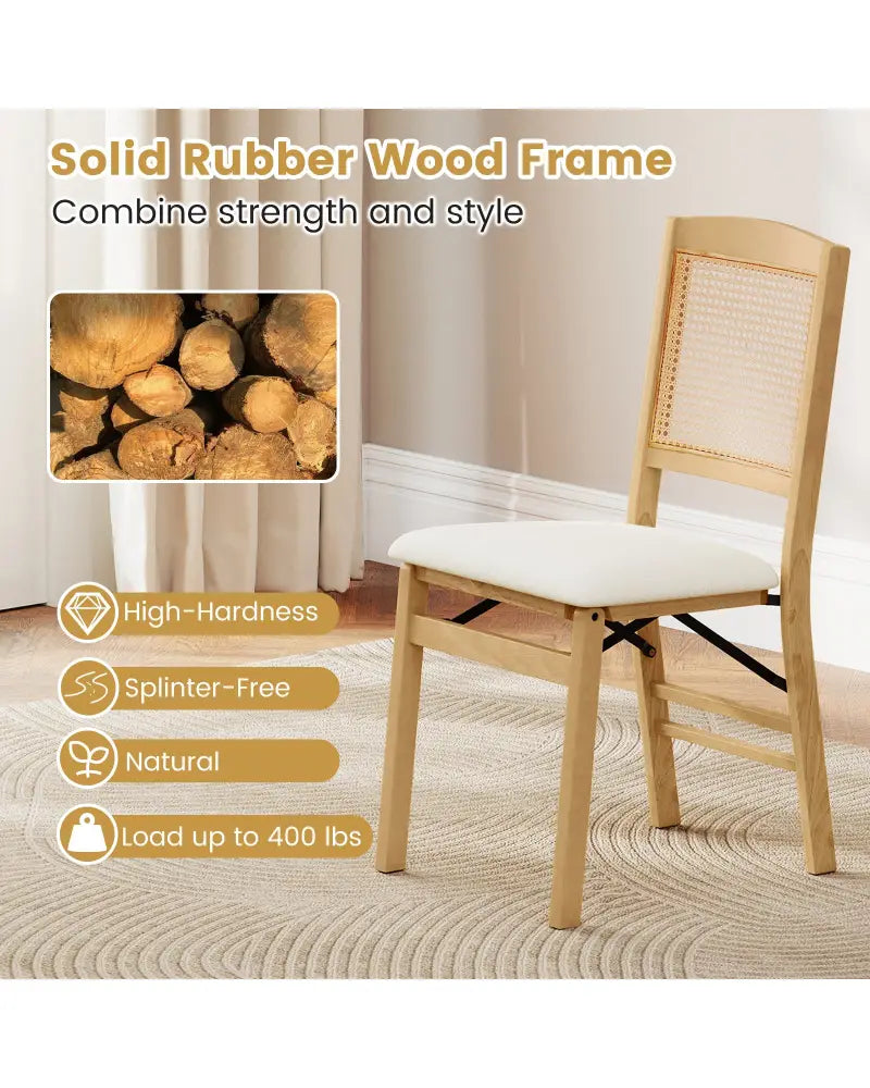 Folding Dining Chairs Set of 2 Rubber Wood Chairs with Linen Padded Seat-Natural - Natural - Dining Chairs
