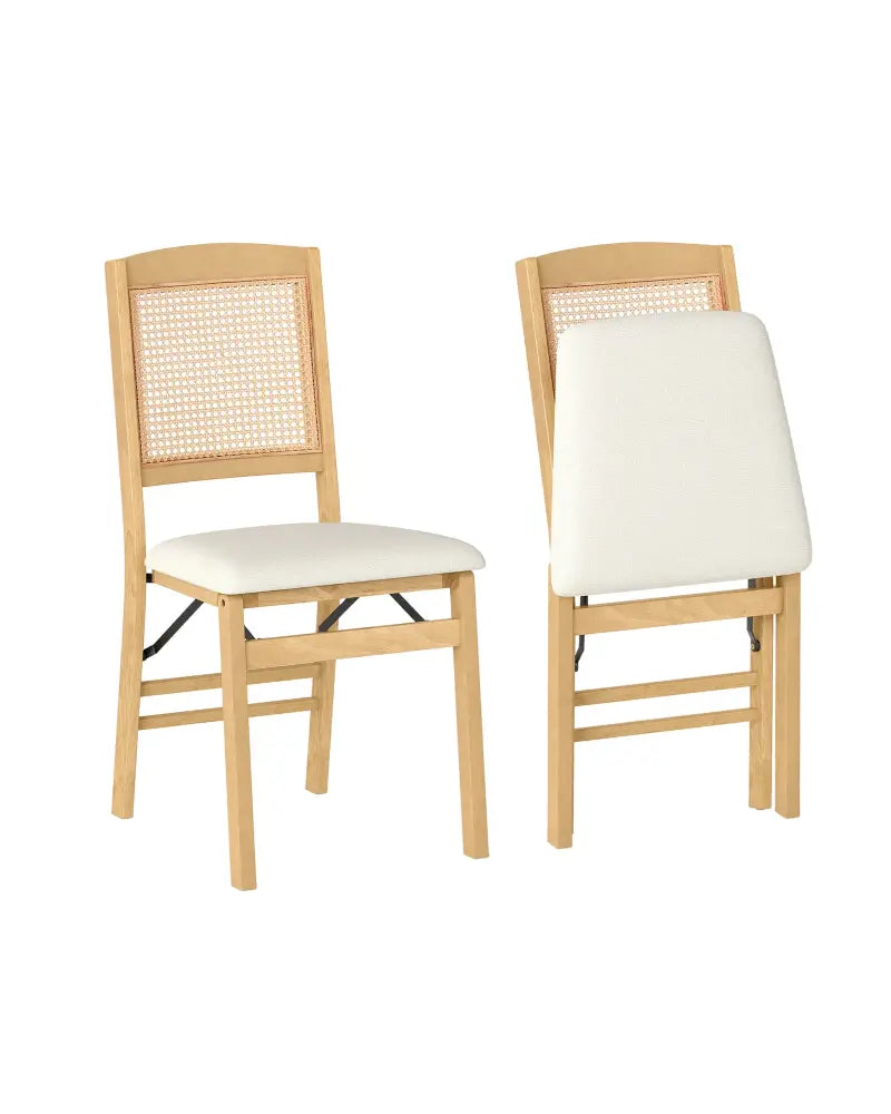 Folding Dining Chairs Set of 2 Rubber Wood Chairs with Linen Padded Seat-Natural - Natural - Dining Chairs