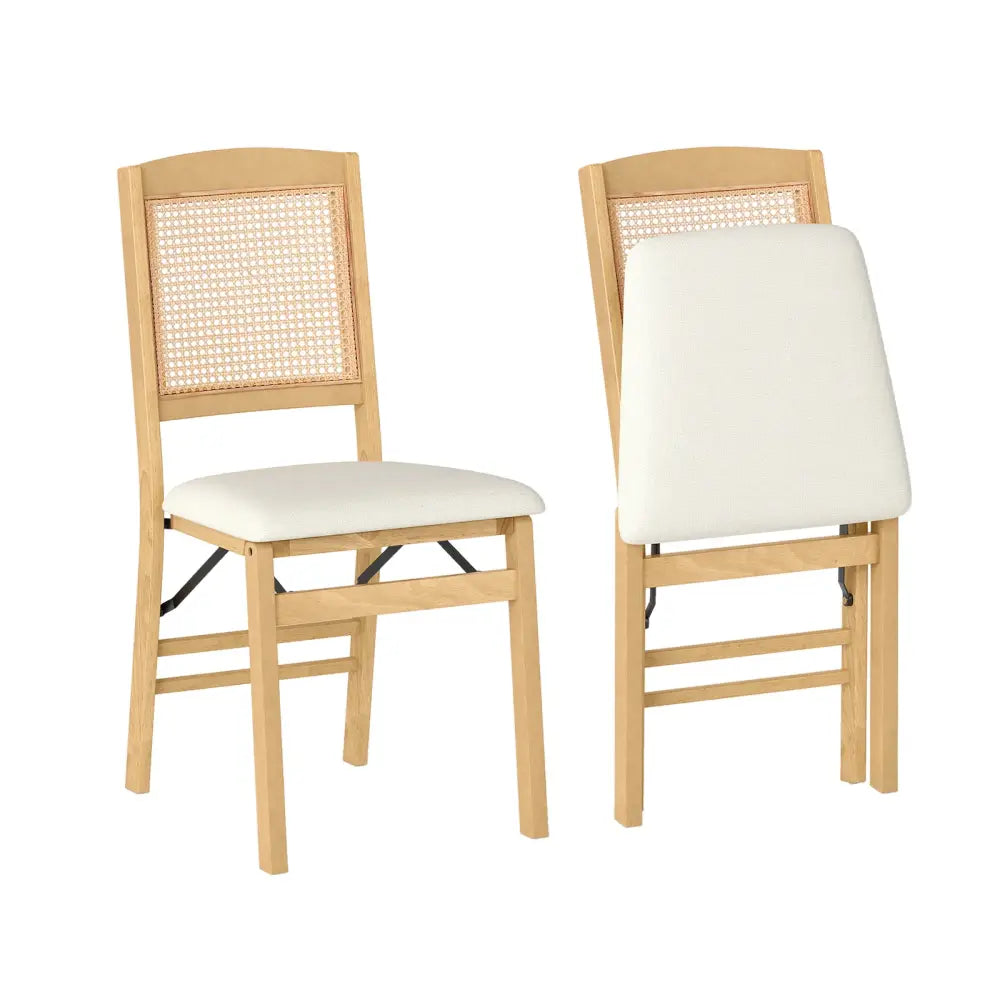 Folding Dining Chairs Set of 2 Rubber Wood Chairs with Linen Padded Seat-Natural - Natural - Dining Chairs