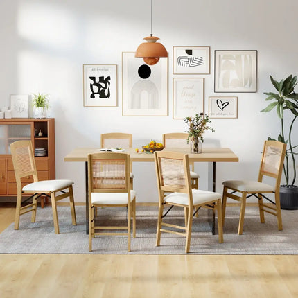 Folding Dining Chairs Set of 2 Rubber Wood Chairs with Linen Padded Seat-Natural - Natural - Dining Chairs