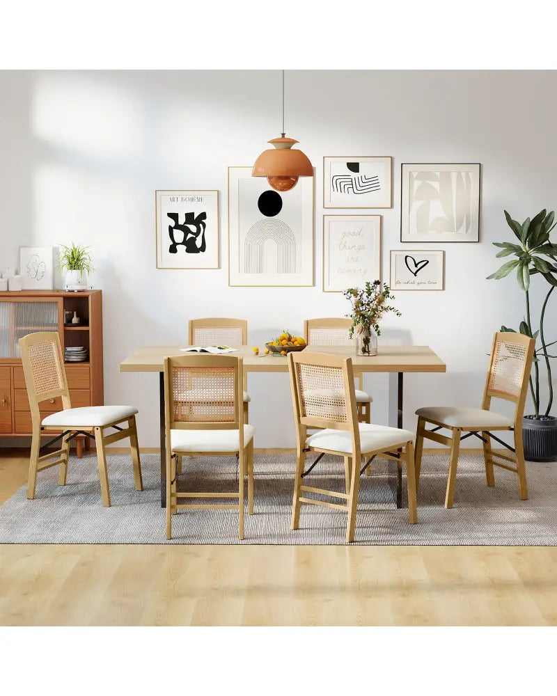 Folding Dining Chairs Set of 2 Rubber Wood Chairs with Linen Padded Seat-Natural - Natural - Dining Chairs