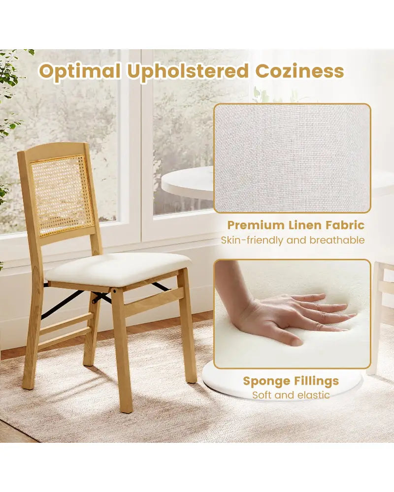 Folding Dining Chairs Set of 2 Rubber Wood Chairs with Linen Padded Seat-Natural - Natural - Dining Chairs