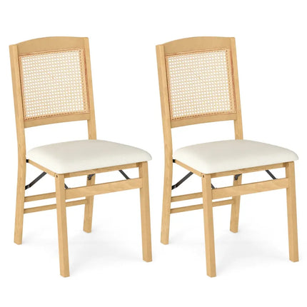 Folding Dining Chairs Set of 2 Rubber Wood Chairs with Linen Padded Seat-Natural - Natural - Dining Chairs