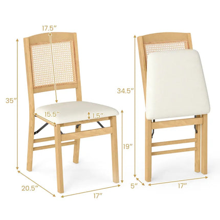 Folding Dining Chairs Set of 2 Rubber Wood Chairs with Linen Padded Seat-Natural - Natural - Dining Chairs