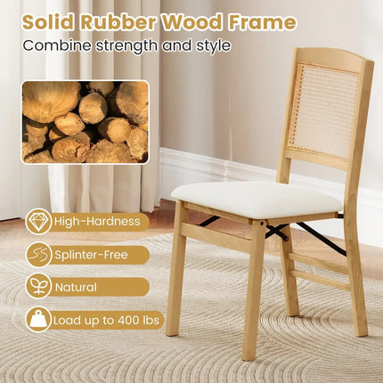 Folding Dining Chairs Set of 2 Rubber Wood Chairs with Linen Padded Seat-Natural - Natural - Dining Chairs