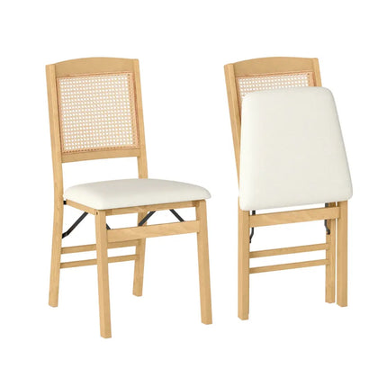 Folding Dining Chairs Set of 2 Rubber Wood Chairs with Linen Padded Seat-Natural - Natural - Dining Chairs