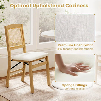 Folding Dining Chairs Set of 2 Rubber Wood Chairs with Linen Padded Seat-Natural - Natural - Dining Chairs