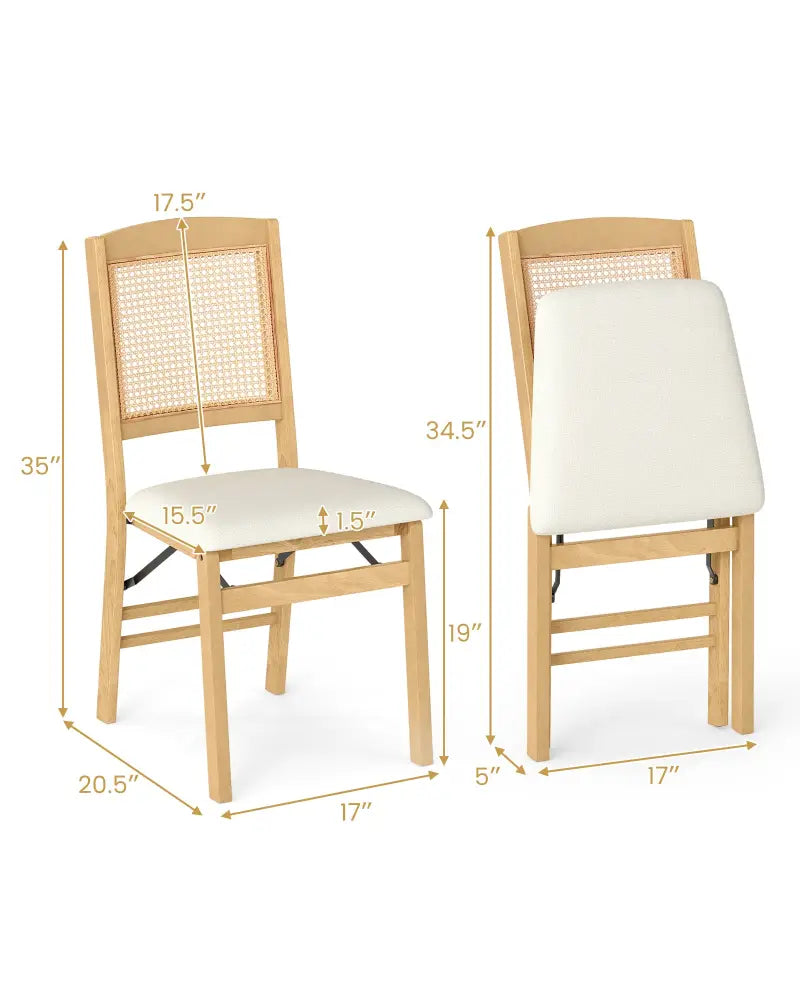 Folding Dining Chairs Set of 2 Rubber Wood Chairs with Linen Padded Seat-Natural - Natural - Dining Chairs