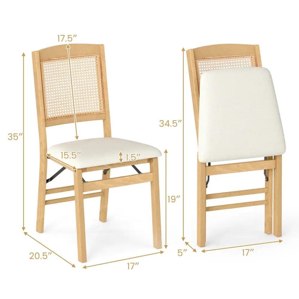 Folding Dining Chairs Set of 2 Rubber Wood Chairs with Linen Padded Seat-Natural - Natural - Dining Chairs