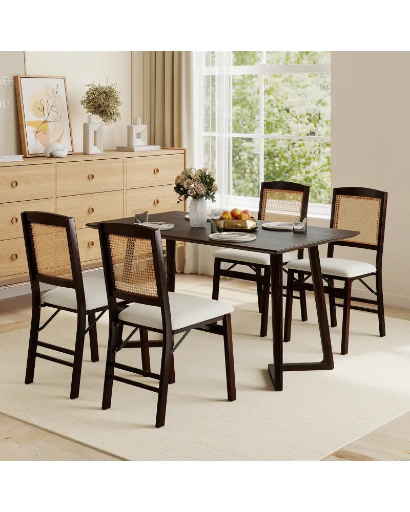 Folding Dining Chairs Set of 4 Rubber Wood Chairs with Linen Padded Seat-Coffee - Coffee - Dining Chairs