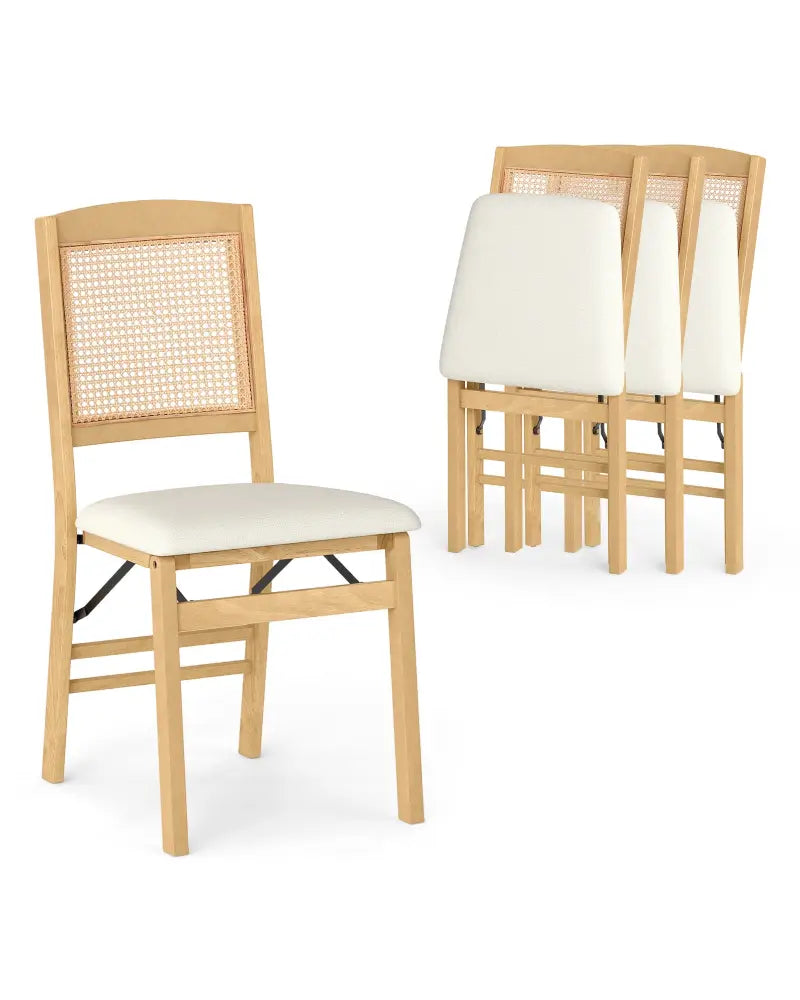 Folding Dining Chairs Set of 4 Rubber Wood Chairs with Linen Padded Seat-Natural - Natural - Dining Chairs