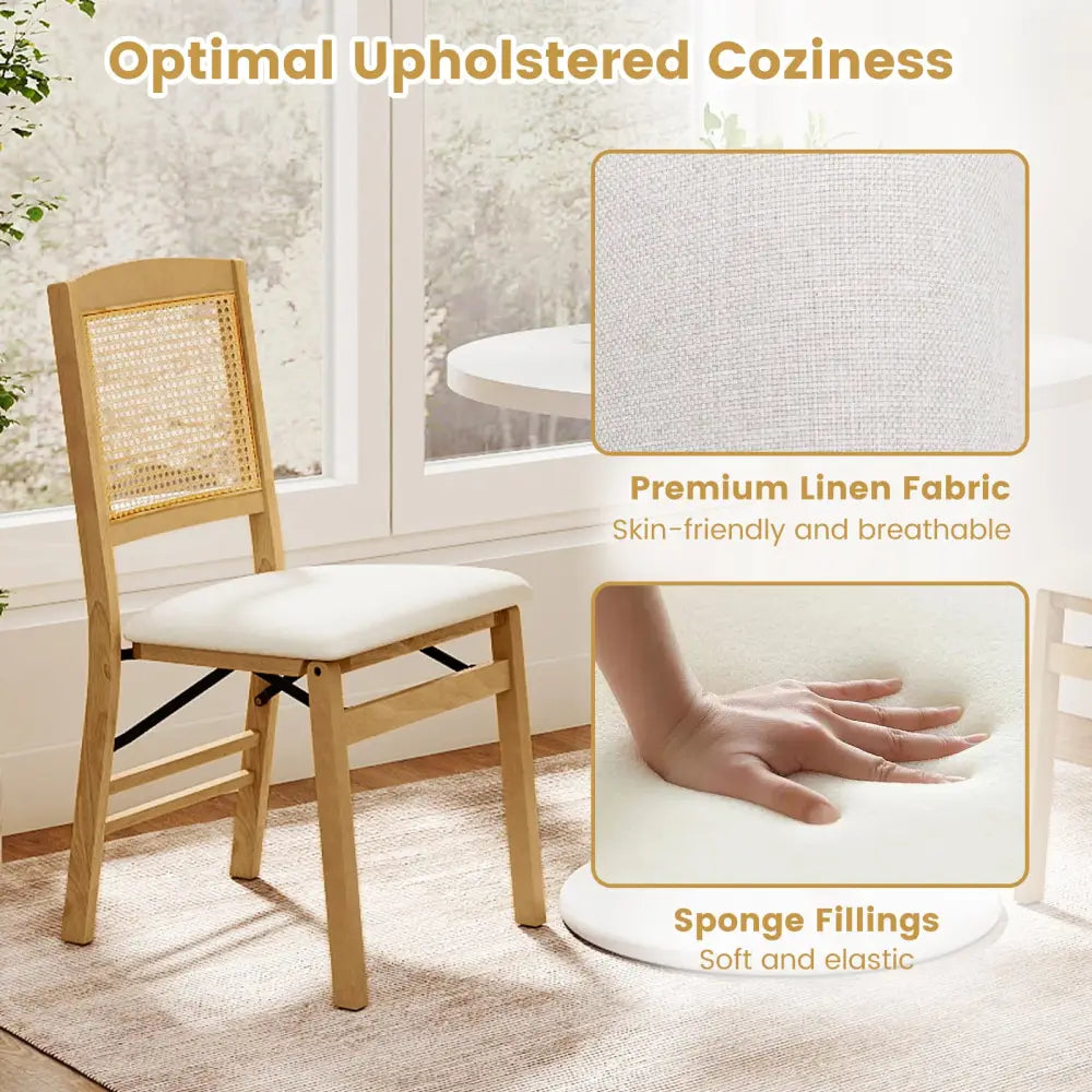 Folding Dining Chairs Set of 4 Rubber Wood Chairs with Linen Padded Seat-Natural - Natural - Dining Chairs