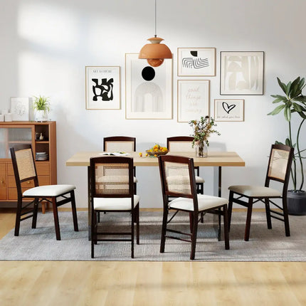 Folding Dining Chairs Set of 4 Rubber Wood Chairs with Linen Padded Seat-Coffee - Coffee - Dining Chairs