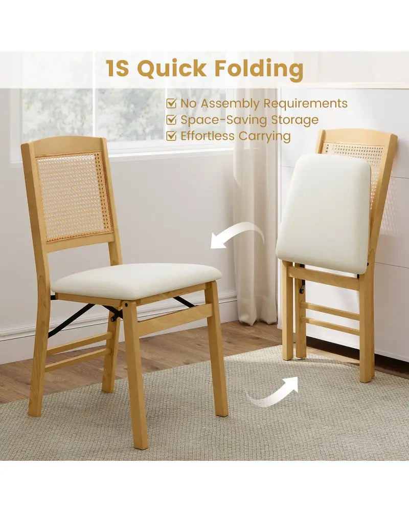 Folding Dining Chairs Set of 4 Rubber Wood Chairs with Linen Padded Seat-Natural - Natural - Dining Chairs