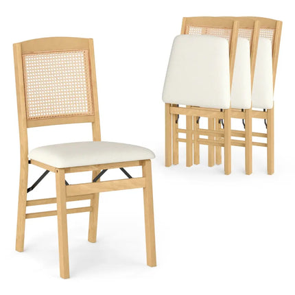 Folding Dining Chairs Set of 4 Rubber Wood Chairs with Linen Padded Seat-Natural - Natural - Dining Chairs