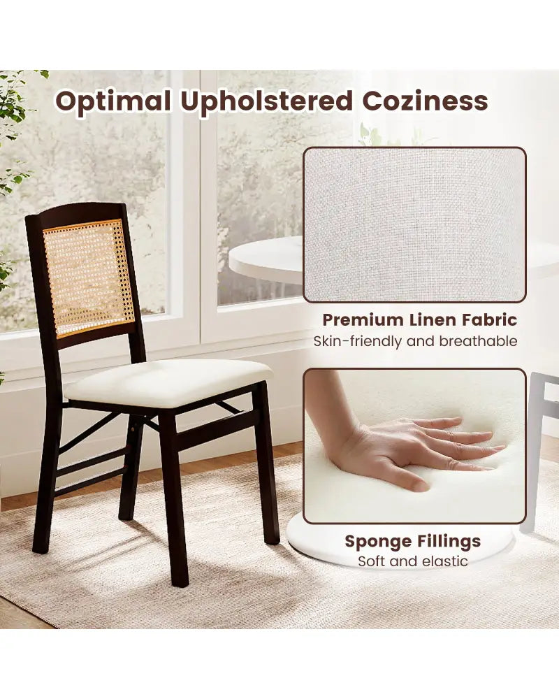 Folding Dining Chairs Set of 4 Rubber Wood Chairs with Linen Padded Seat-Coffee - Coffee - Dining Chairs
