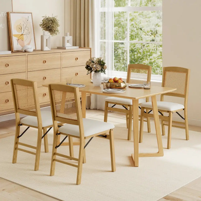 Folding Dining Chairs Set of 4 Rubber Wood Chairs with Linen Padded Seat-Natural - Natural - Dining Chairs