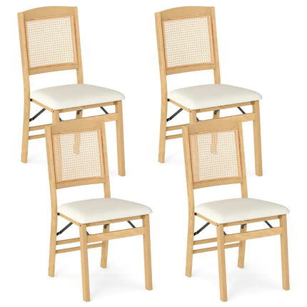 Folding Dining Chairs Set of 4 Rubber Wood Chairs with Linen Padded Seat-Natural - Natural - Dining Chairs