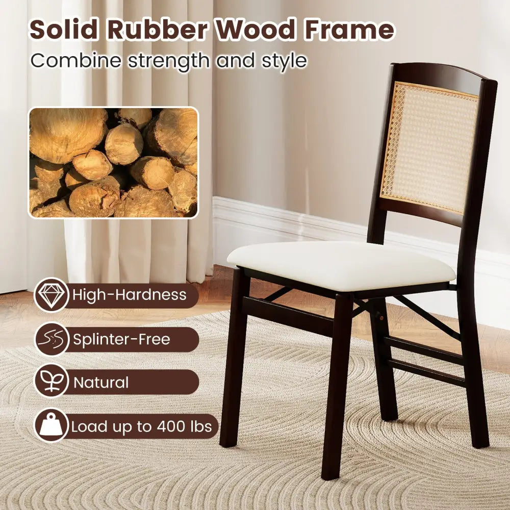 Folding Dining Chairs Set of 4 Rubber Wood Chairs with Linen Padded Seat-Coffee - Coffee - Dining Chairs
