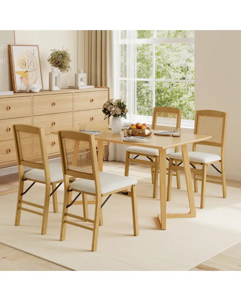 Folding Dining Chairs Set of 4 Rubber Wood Chairs with Linen Padded Seat-Natural - Natural - Dining Chairs