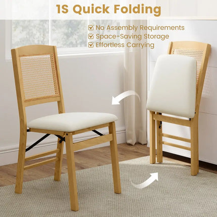 Folding Dining Chairs Set of 4 Rubber Wood Chairs with Linen Padded Seat-Natural - Natural - Dining Chairs
