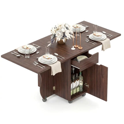 Folding Dining Table 3-in-1 Space-Saving Drop Leaf Kitchen Table with Lockable Wheels-Walnut - Walnut - Dining Tables