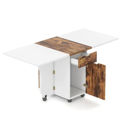 Folding Dining Table 3-in-1 Space-Saving Drop Leaf Kitchen Table with Lockable Wheels-Brown - White - Dining Tables