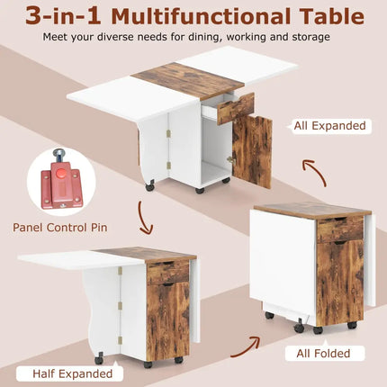 Folding Dining Table 3-in-1 Space-Saving Drop Leaf Kitchen Table with Lockable Wheels-Brown - White - Dining Tables