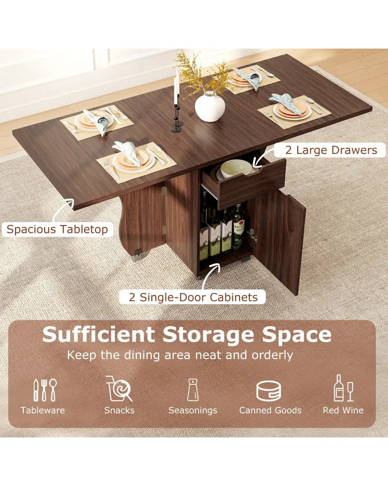 Folding Dining Table 3-in-1 Space-Saving Drop Leaf Kitchen Table with Lockable Wheels-Walnut - Walnut - Dining Tables