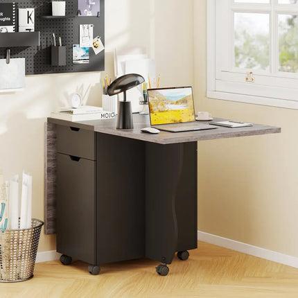 Folding Dining Table 3-in-1 Space-Saving Drop Leaf Kitchen Table with Lockable Wheels-Black - Black - Dining Tables