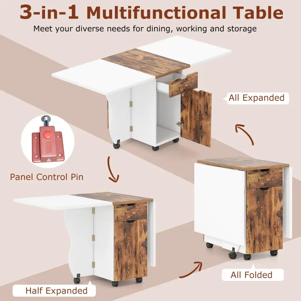 Folding Dining Table 3-in-1 Space-Saving Drop Leaf Kitchen Table with Lockable Wheels-Brown - White - Dining Tables