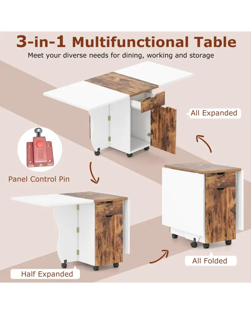 Folding Dining Table 3-in-1 Space-Saving Drop Leaf Kitchen Table with Lockable Wheels-Brown - White - Dining Tables