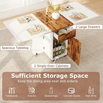 Folding Dining Table 3-in-1 Space-Saving Drop Leaf Kitchen Table with Lockable Wheels-Brown - White - Dining Tables