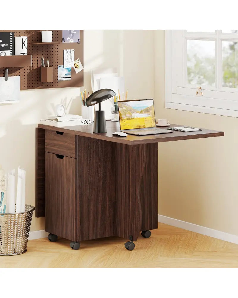 Folding Dining Table 3-in-1 Space-Saving Drop Leaf Kitchen Table with Lockable Wheels-Walnut - Walnut - Dining Tables