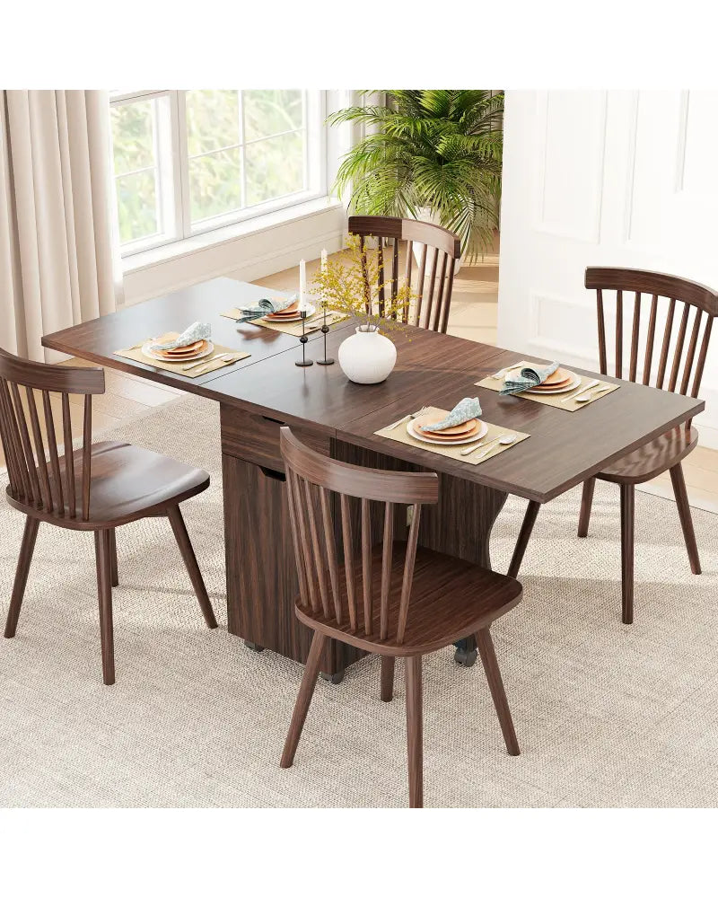 Folding Dining Table 3-in-1 Space-Saving Drop Leaf Kitchen Table with Lockable Wheels-Walnut - Walnut - Dining Tables