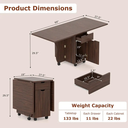 Folding Dining Table 3-in-1 Space-Saving Drop Leaf Kitchen Table with Lockable Wheels-Walnut - Walnut - Dining Tables
